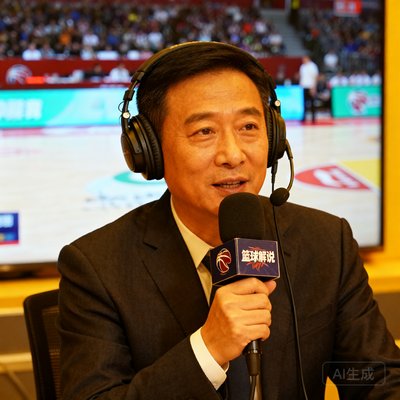 一位四十岁左右的中国男性篮球解说员，戴着专业耳机，正专注地对着录音话筒分析比赛